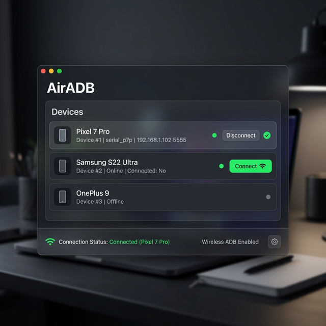 AirADB App — Wireless ADB Setup Interface